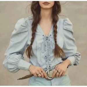 Free People Lace Up Long Sleeves Denim Top In Bleach Out Size XS MSRP $ 128
